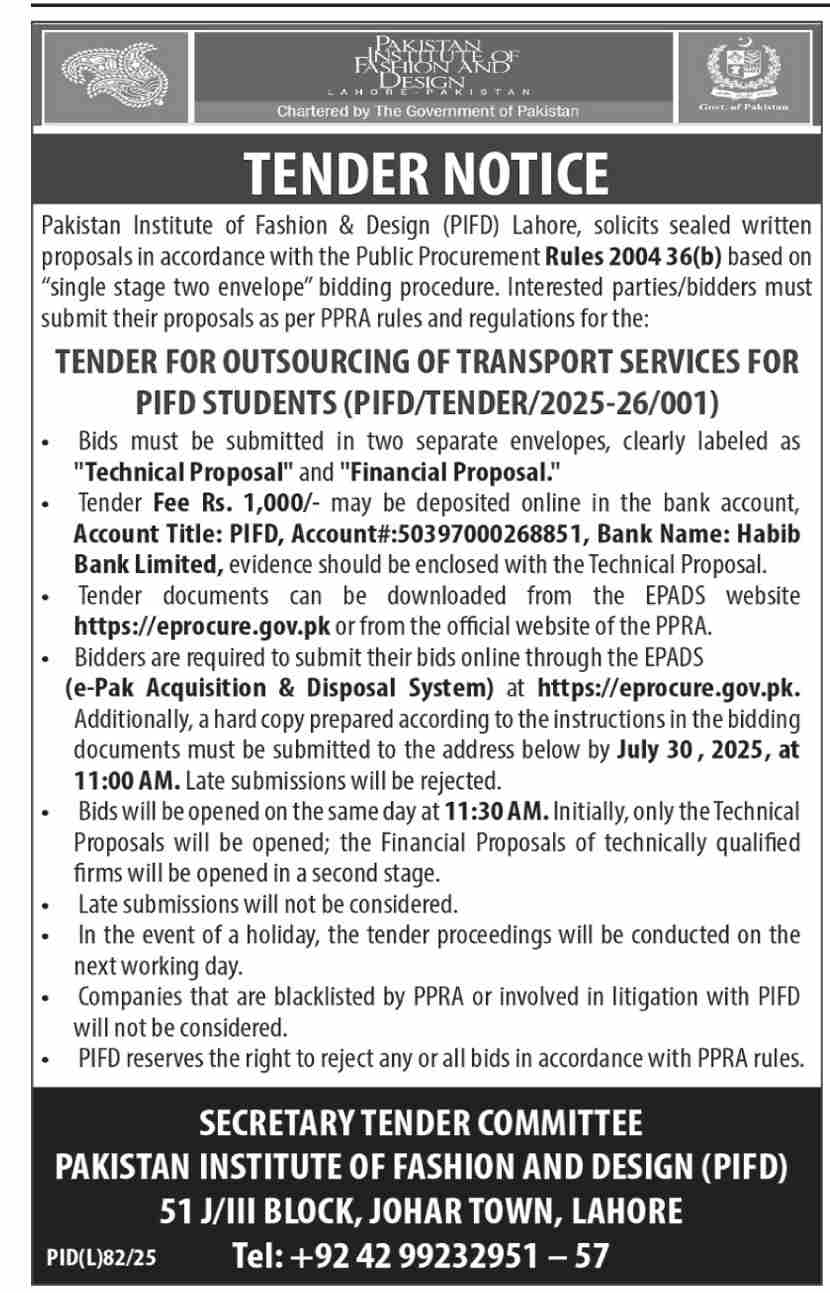 Pakistan Institute of Fashion & Design Lahore Tender Notice